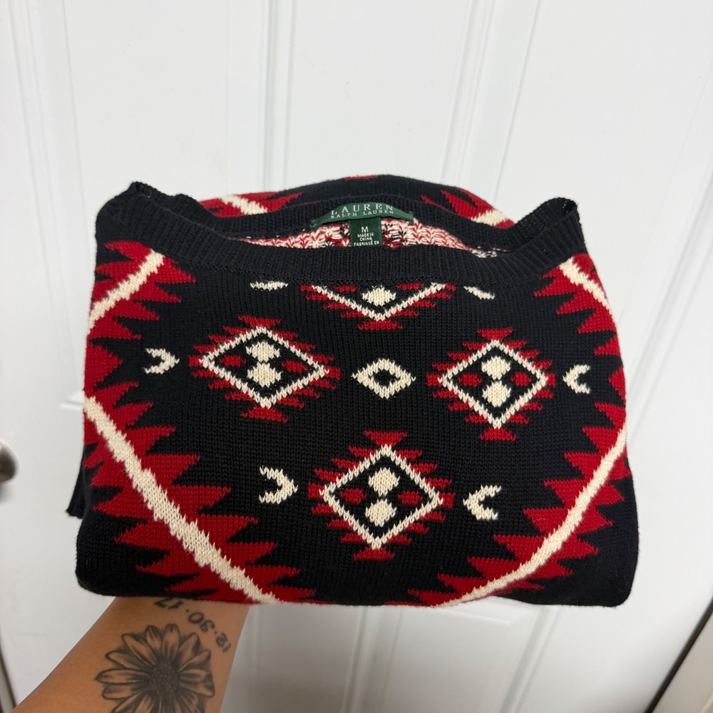 Lauren Ralph Lauren Southwestern Intarsia Knit Longline Sweater Black Red Medium